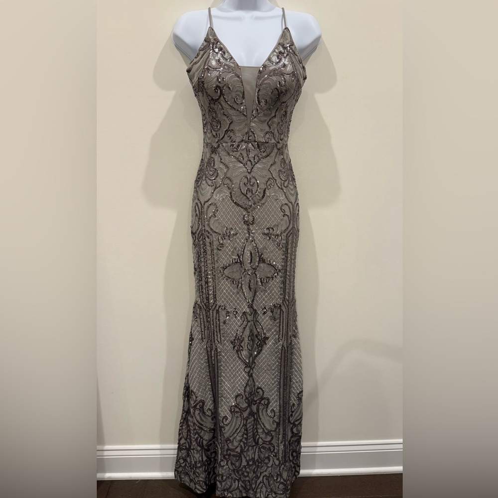Elegant Silver Embellished Evening Gown